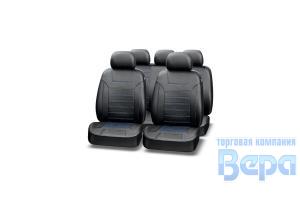 Чехол на сиденье Комплект 11пр. Экокожа PLATINUM VIP (черный/синяя нить) 6 молний,карман SRS AIRBAG